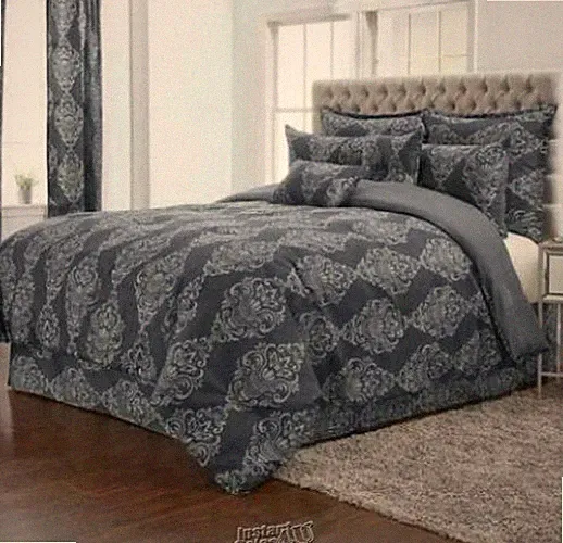 12 Piece Stoneberry Victoria FULL GREY Comforter Sheet Sham Set 100% Polyester