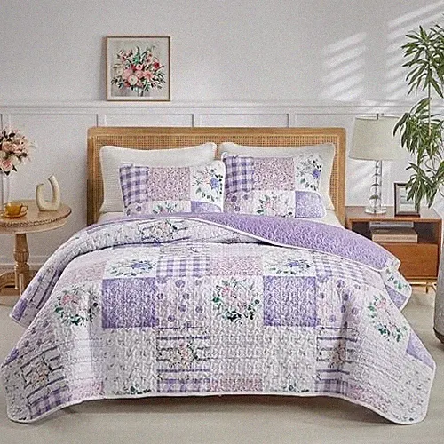 2 Pieces Floral Quilt Set Twin, Patchwork n Pink Flowers Twin-68"x86" Purple