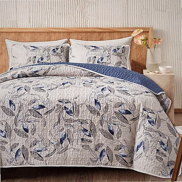3-Piece Microfiber Quilt Set, Reversible Botanical Blue Leaves, Full/Queen 90x90