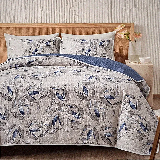 3 Pieces Microfiber Quilt Set, Botanical Blue Leaves on Light Gray Reversible...