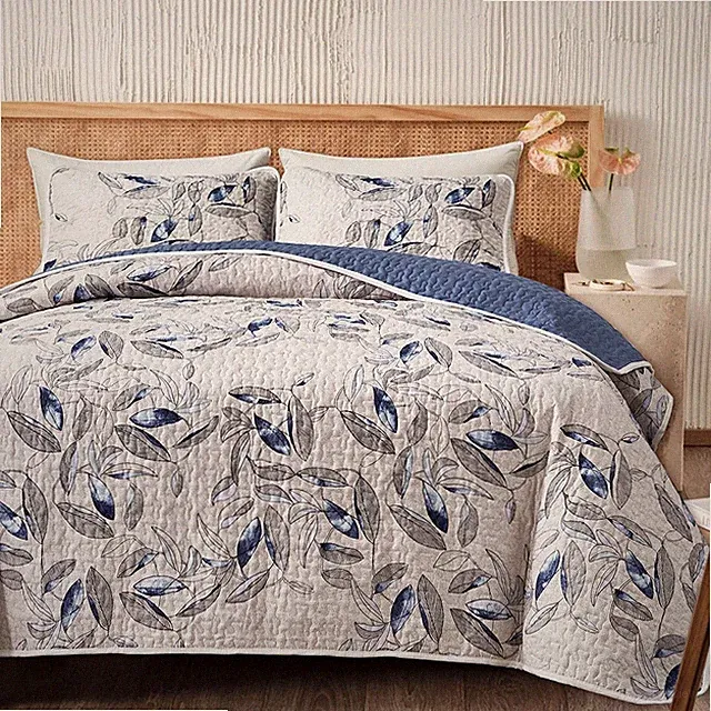 3 Pieces Microfiber Quilt Set, Botanical Blue Leaves on Light Gray Reversible De