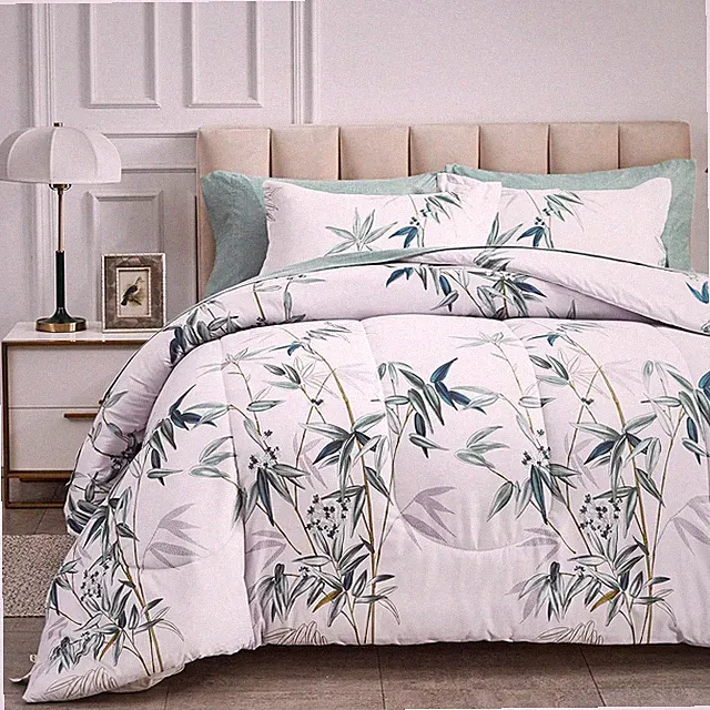 7 Pieces Bed in a Bag Queen Comforter Set with Sheets, Green Leaves on White Bot
