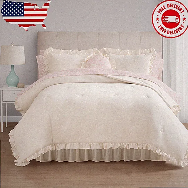 All in One Reversible Comforter and Sheet set- 11 Piece, Queen, Cream Ruffle