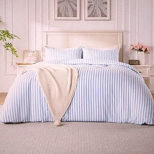 Blue Duvet Cover Set, 3 Pieces Soft Bedding Set, Breathable Queen Blue Stripe