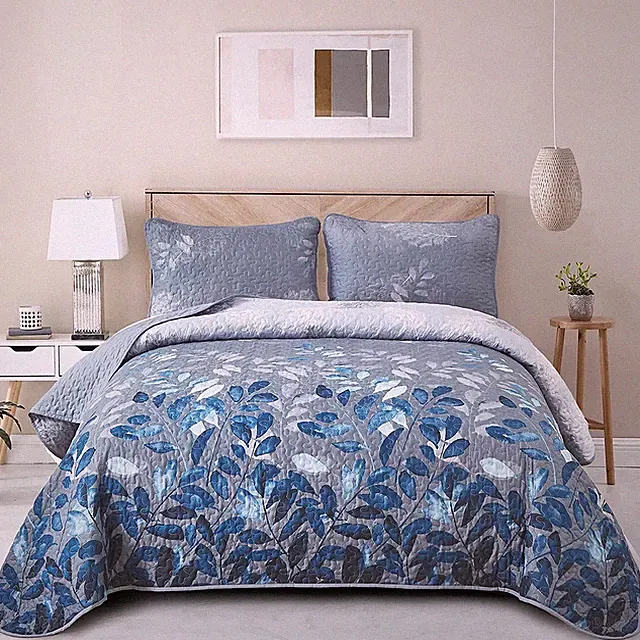 Blue Quilt Set Queen Size,3 Pieces Navy Blue Floral Bedspread Coverlet Set,Soft