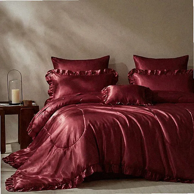 Burgundy Satin Comforter Set Queen 8 Pcs Luxury Bedding with Cushion Cover
