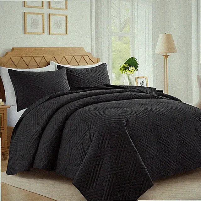 California King Black Striped Quilt Set Oversized Lightweight Bedspread 3 Piece
