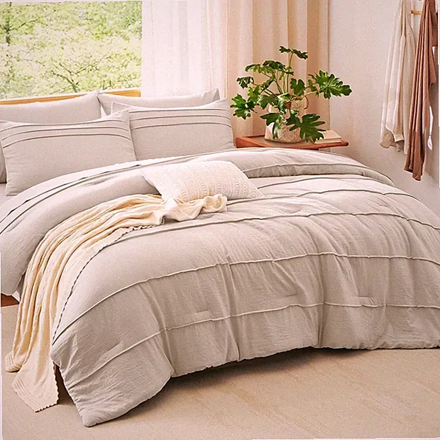 Comforter Set King Beige 7 Pieces Soft Pinch Pleat Bed in a Bag with Sheets
