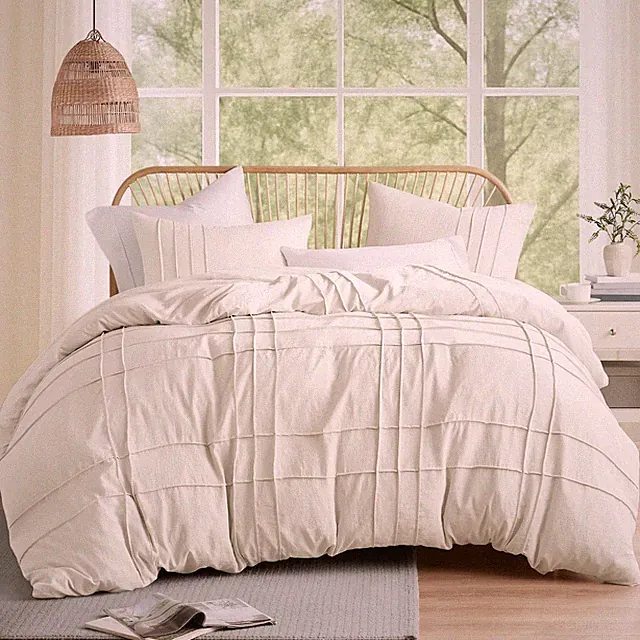 Cream King Size Duvet Cover Set - 3 Pieces Pintuck Pleated Duvet Cover, All S...