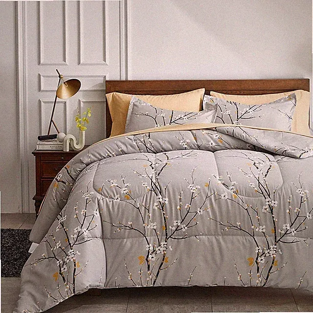 Gray Comforter Sheet Set Bed in a Bag 7 Pieces Queen Size Tree Branch Bloom F...