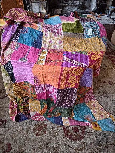 INDIAN KANTHA VINTAGE BLANKET THROW QUILT BEDSPREAD HAND STITCHED, REVERSIBLE 12
