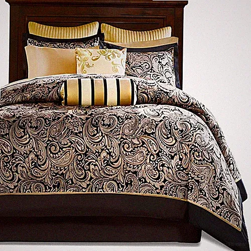 King 12 Piece Cotton Polyester Comforter Set in Black & Gold Paisley