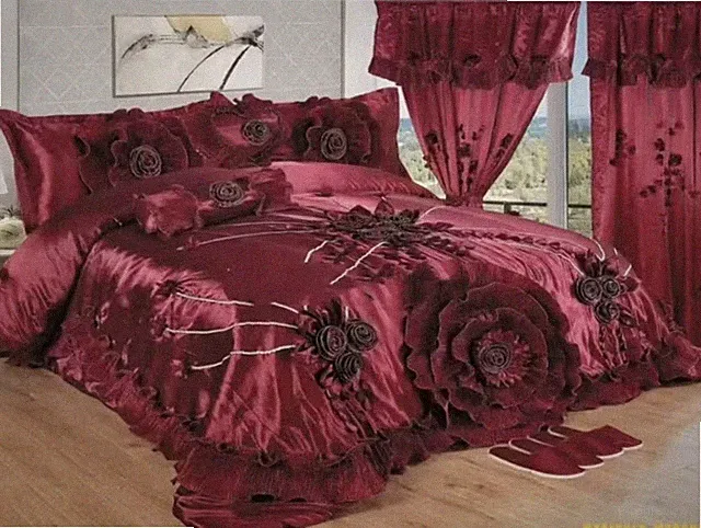 King 12-Piece Red Satin Floral Bedspread Set with Curtains