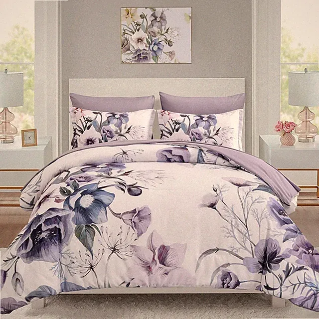 Luxudecor Floral Comforter Set Queen Size 7 Piece, Purple Size