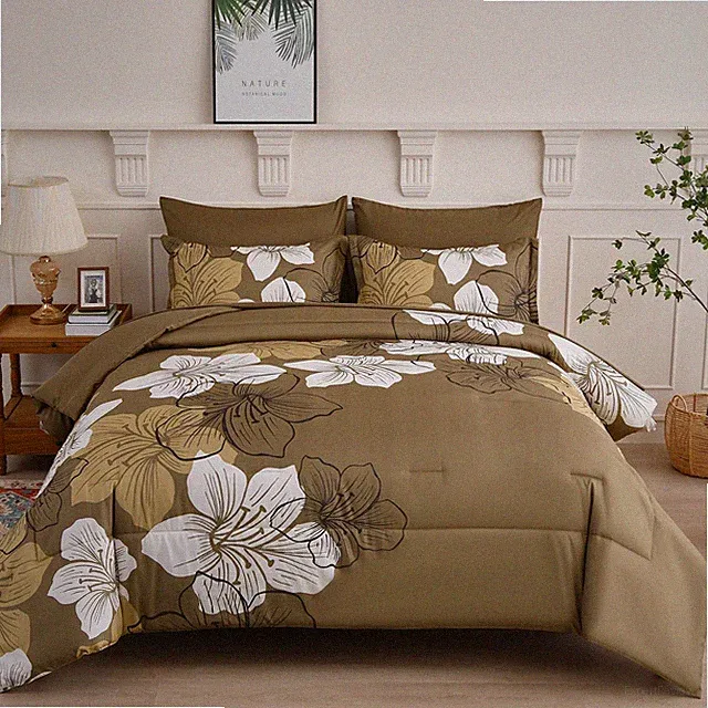 Luxudecor Floral Comforter Set Queen Size, 7 Pieces Bed in a Bag Queen, Brown