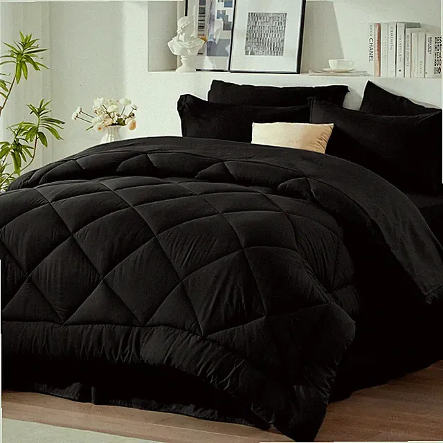 Newspin Queen Comforter Set Black Bed in a Bag 8 Pieces All Season White Home