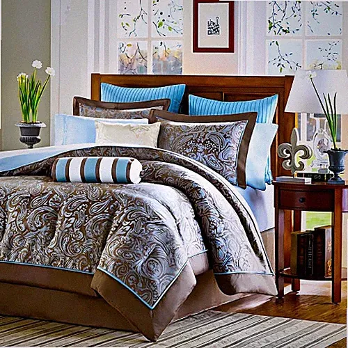 NWT California King 12-piece Reversible Cotton Comforter Set in Brown and Blue