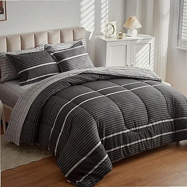 Ombre Boho Striped Bed in a Bag 7 Pieces Queen Size, White Striped on Black D...