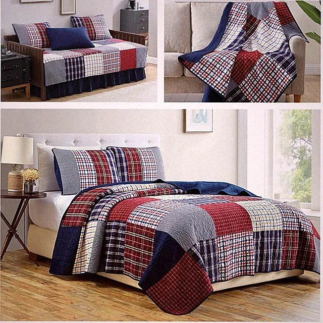Pre-Washed Cotton Patchwork Quilt Set Plaid Daybed Coverlet Cotton Throw Blanket