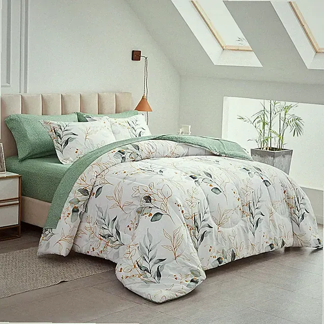 Queen Bed in a Bag Set - Green Leaves Botanical Microfiber, 7 Pieces