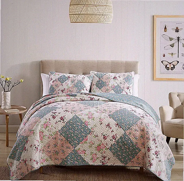 Shabby Chic Floral Patchwork Pre-Washed Cotton Quilt Set Daybed Coverlet Throw
